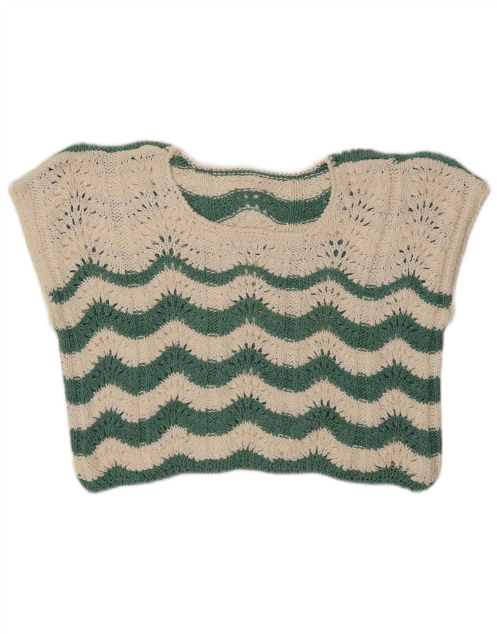 VINTAGE Femmes Crop Crochet Gilet Débardeur UK 14 Chevron Vert Moyen