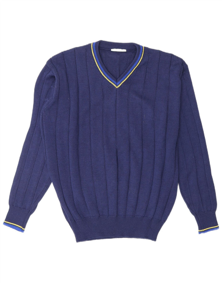VINTAGE Pull Col V Homme Bleu Marine Moyen