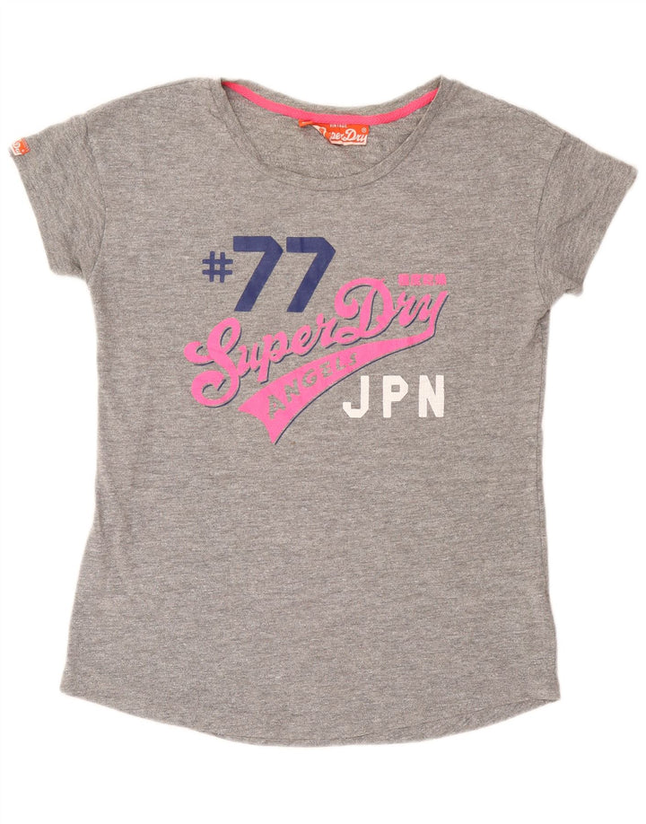 Superdry T-shirt graphique pour femme UK 14 Large Gris Coton