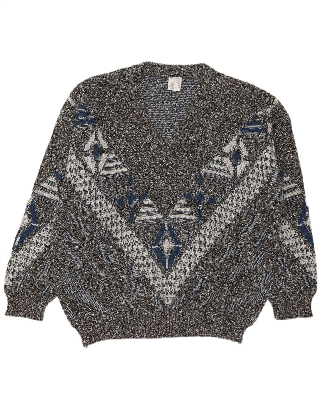 VINTAGE Pull col V pour homme UK 46/48 2XL Géométrique multicolore