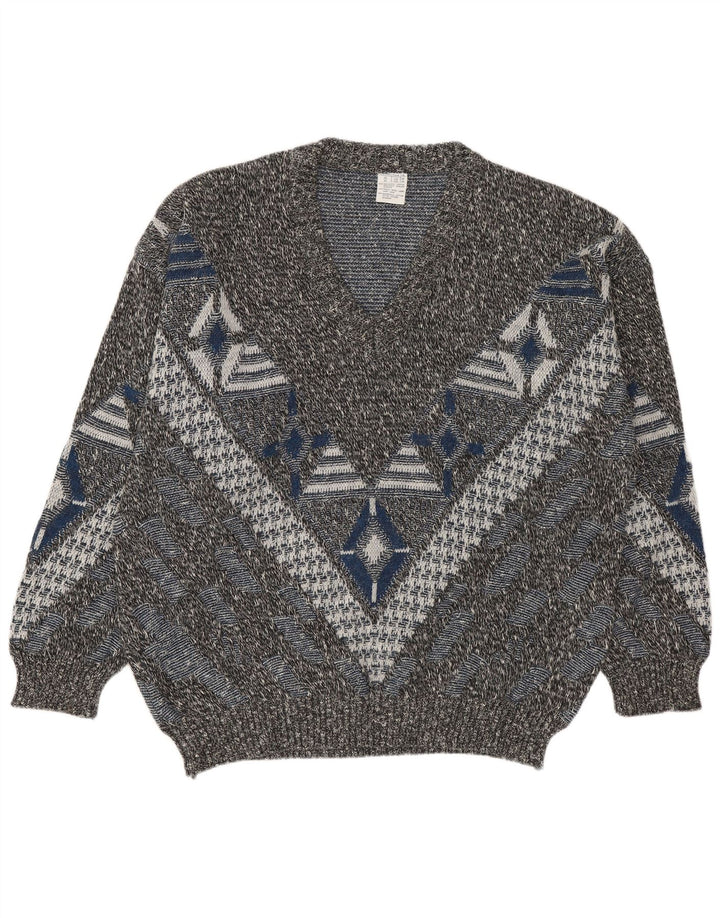 VINTAGE Pull col V pour homme UK 46/48 2XL Géométrique multicolore