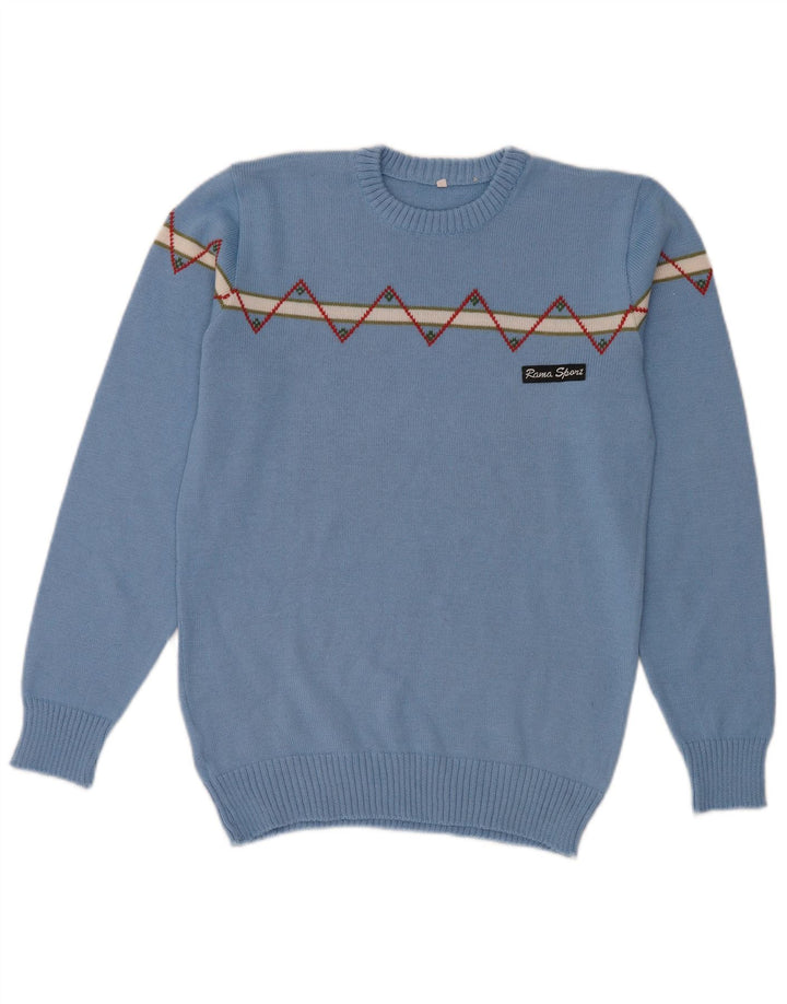 vintage Mens Crew Neck Jumper Pull Petite Laine Géométrique Bleue