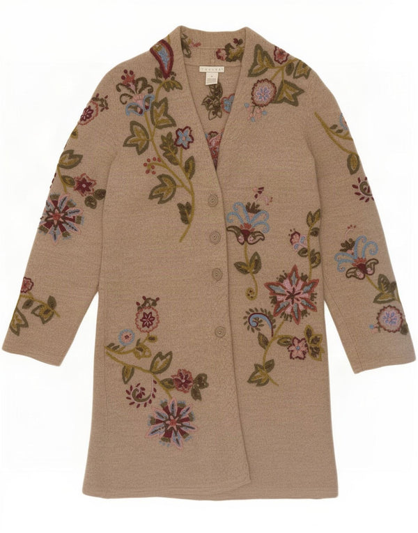 vintage Femme Longline Cardigan Pull UK 14 Laine Florale Beige Moyen