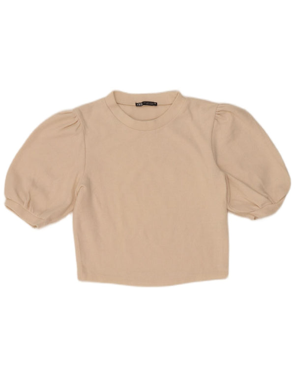 Zara Womens Crop Blouse Top UK 10 Petit Coton Beige