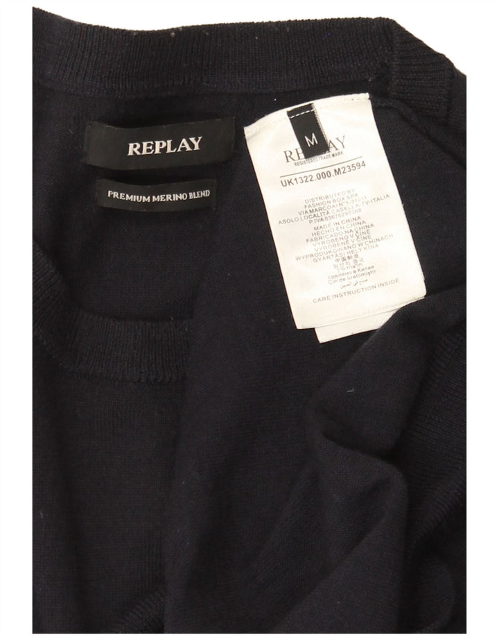 Replay Pull Col Rond Homme Bleu Marine Moyen Laine Mérinos