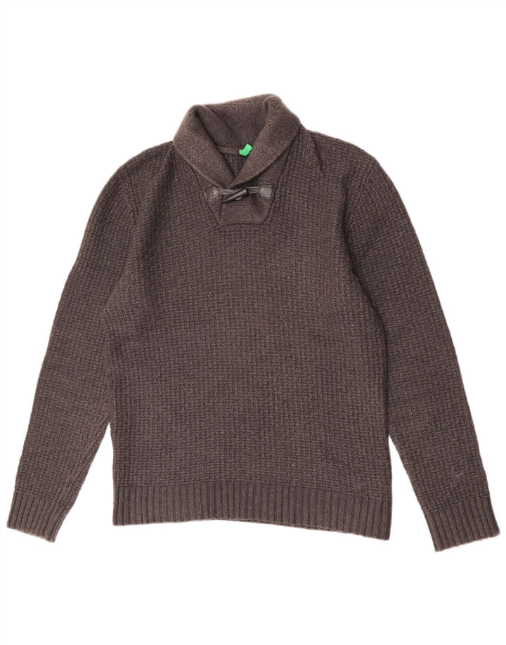 Benetton Pull à col châle pour homme en laine grise