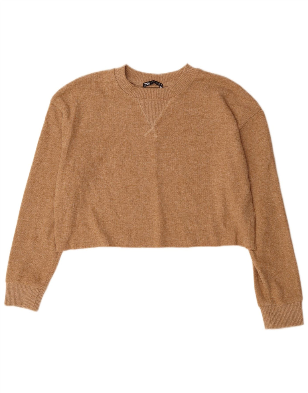 ZARA Pull court à col rond pour femme UK 14 Polyester beige moyen