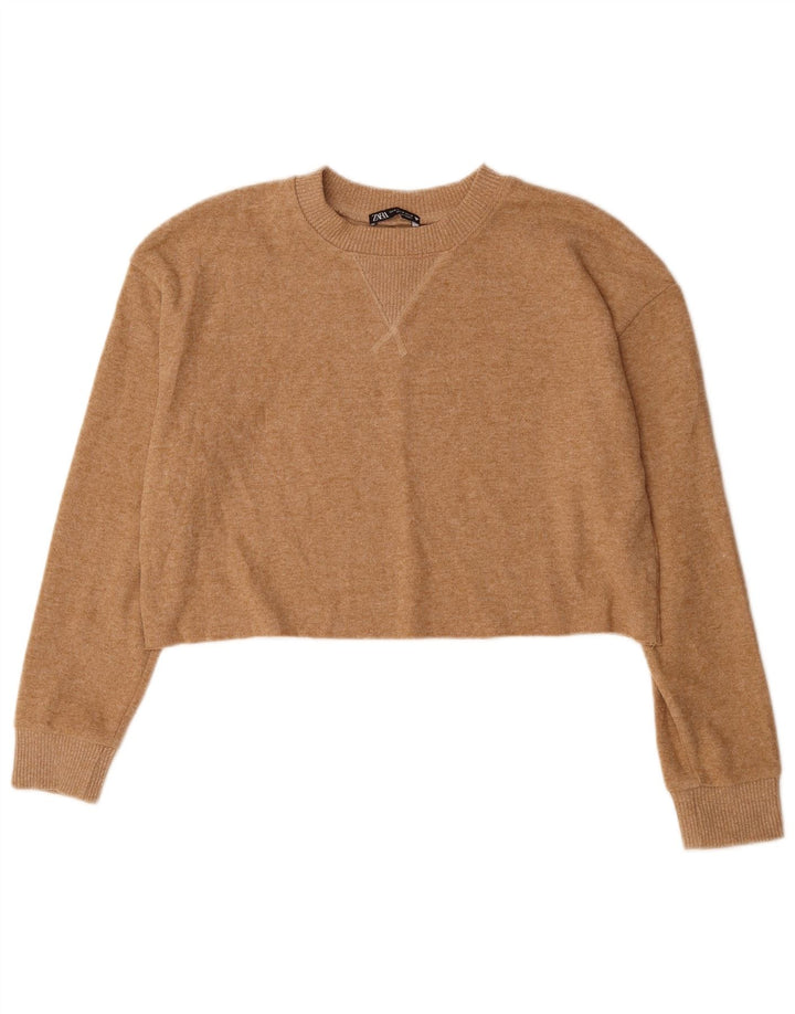 ZARA Pull court à col rond pour femme UK 14 Polyester beige moyen