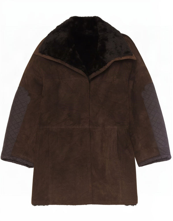 vintage Femme Veste Shearling Ouverte UK 12 Brun Moyen