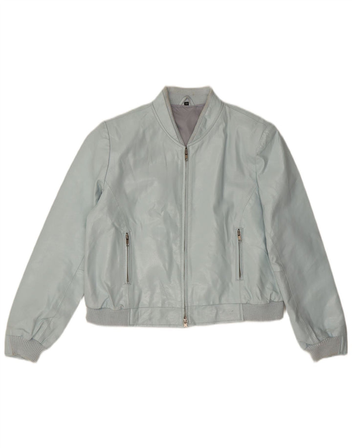 vintage Femmes Crop Faux Cuir Bomber Jacket IT 44 Bleu Moyen