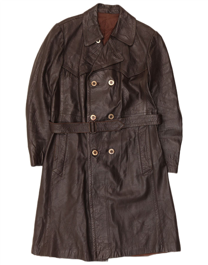 manteau en cuir double boutonnage vintage pour homme UK 36 Petit Marron