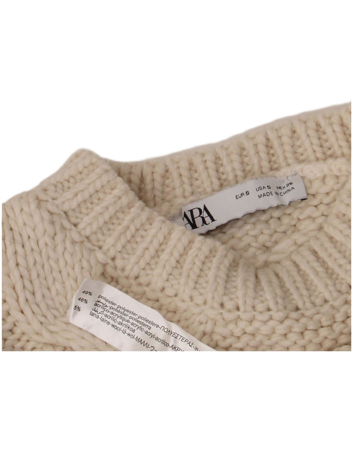 Zara Womens Crop Crew Neck Jumper Pull UK 10 Petit Blanc Polyester