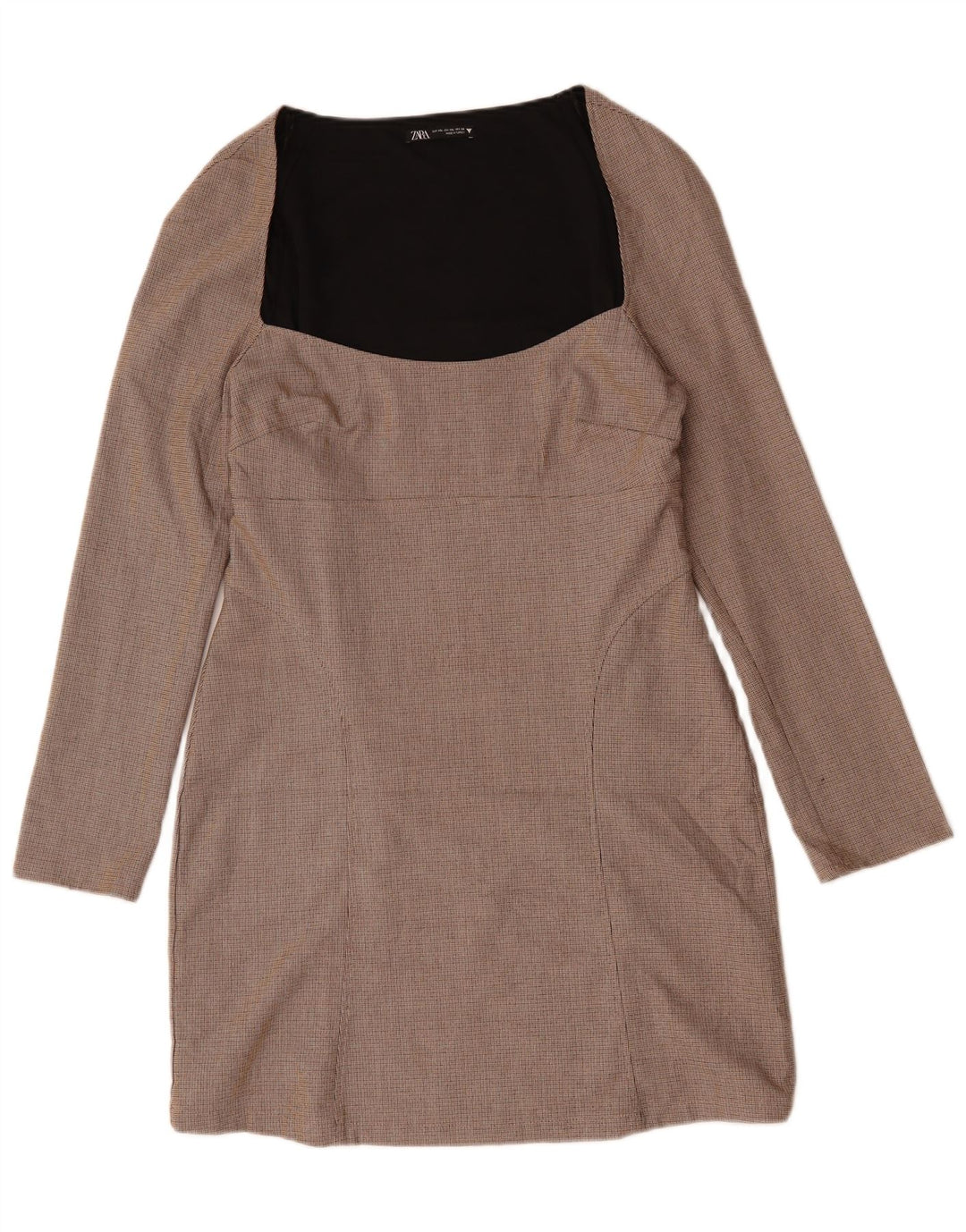 ZARA Robe fourreau à manches longues pour femme UK 20 2XL Beige à carreaux en polyester