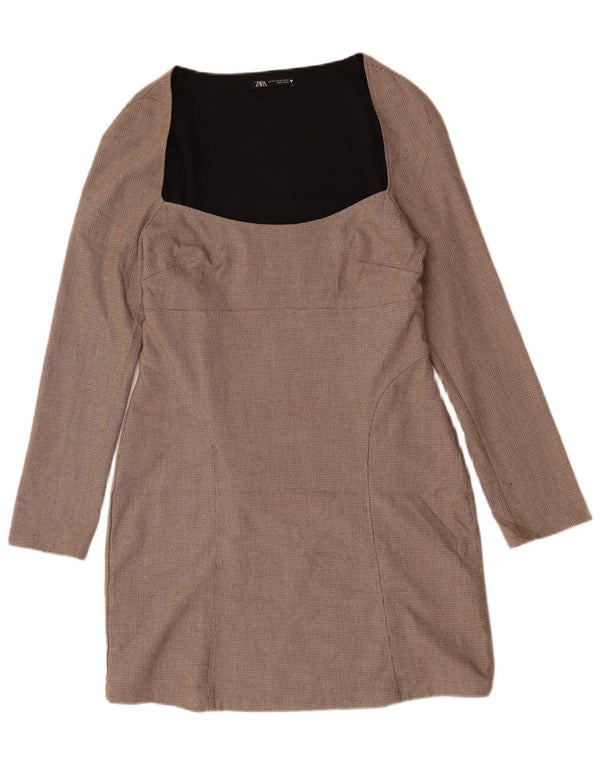 ZARA Robe fourreau à manches longues pour femme UK 20 2XL Beige à carreaux en polyester