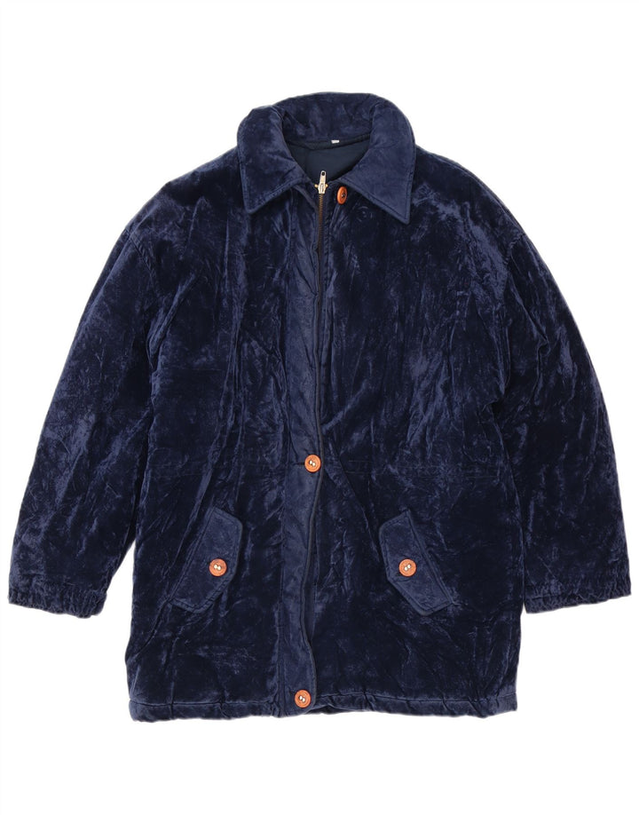 vintage Femmes Surdimensionné Velours Coupe-Vent Manteau UK 14 Bleu Marine Moyen