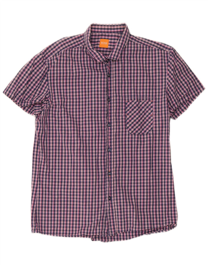 Hugo Boss Chemise à manches courtes pour homme en coton vichy bleu marine Large