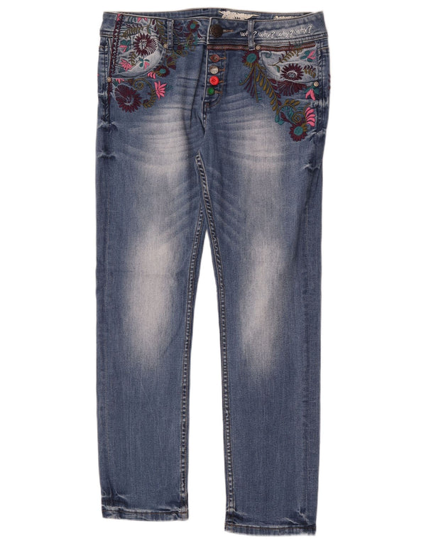 Desigual Femme Jean Slim Taille Basse W30 L30 Bleu Floral Coton