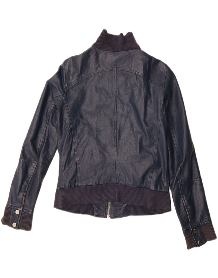 Veste en cuir crop femme vintage IT 44 Cuir bleu marine moyen