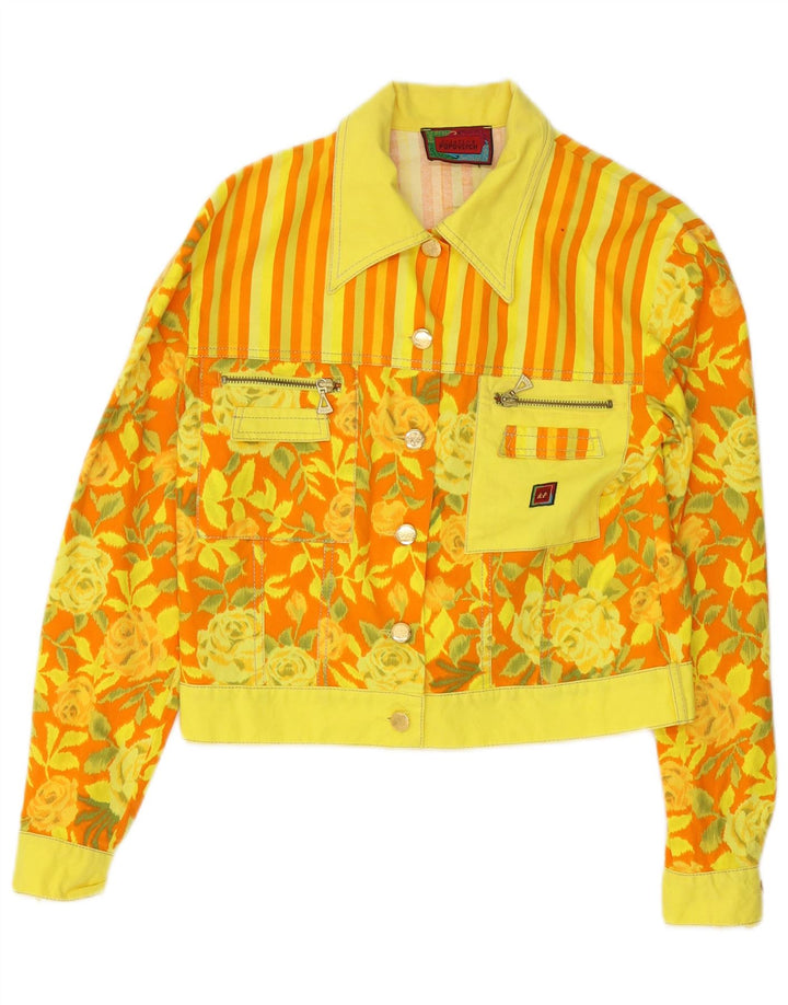 vintage Womens Crop Bomber Jacket EU 38 Coton Floral Jaune Moyen