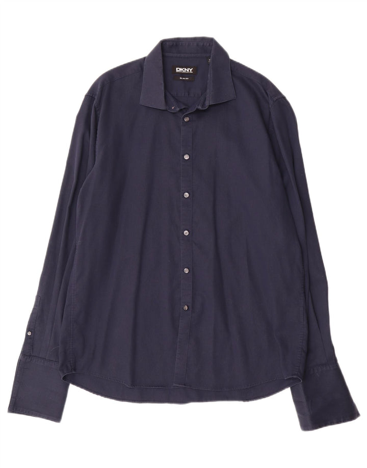 DKNY Chemise Slim Fit Homme Taille 17 1/2 44 XL Coton Bleu Marine