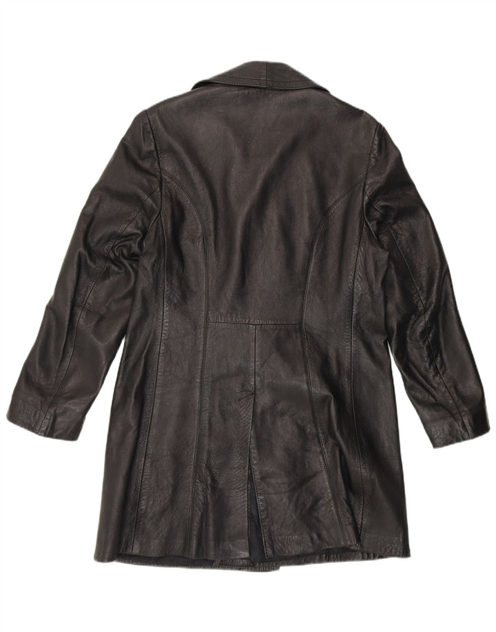 VINTAGE Manteau en cuir double boutonnage pour femme UK 14 Noir moyen