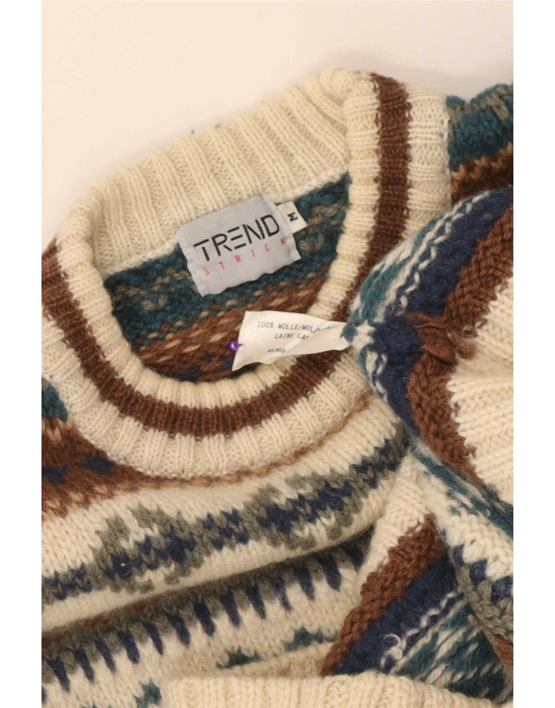 vintage Mens Crew Neck Jumper Pull Moyen Beige Fair Isle Laine
