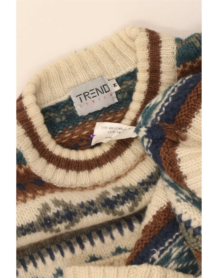 vintage Mens Crew Neck Jumper Pull Moyen Beige Fair Isle Laine