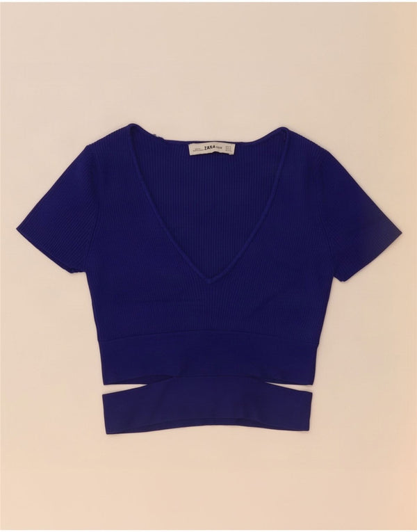Zara Femme Crop Top UK 8 Small Bleu Viscose