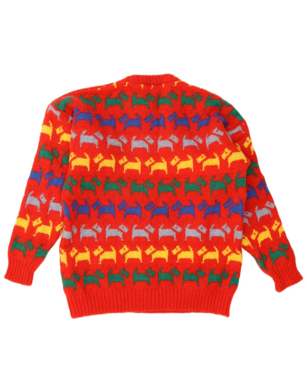 vintage Womens Crew Neck Jumper Pull UK 12 Moyen Rouge Animal Print
