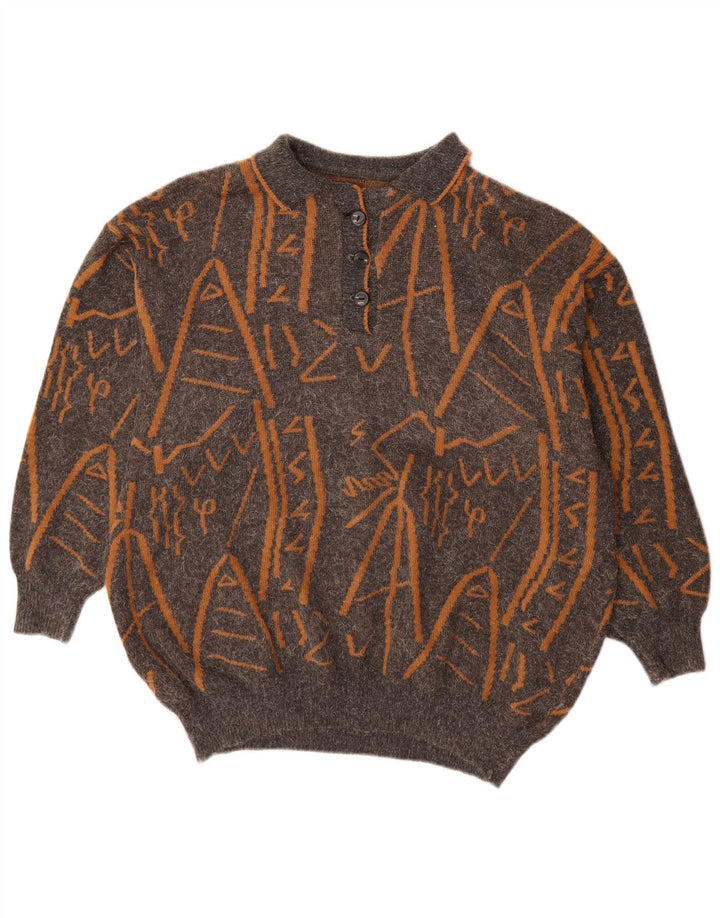 vintage Womens Abstract Pattern Polo Neck Jumper Sweater UK 16 Grand Gris