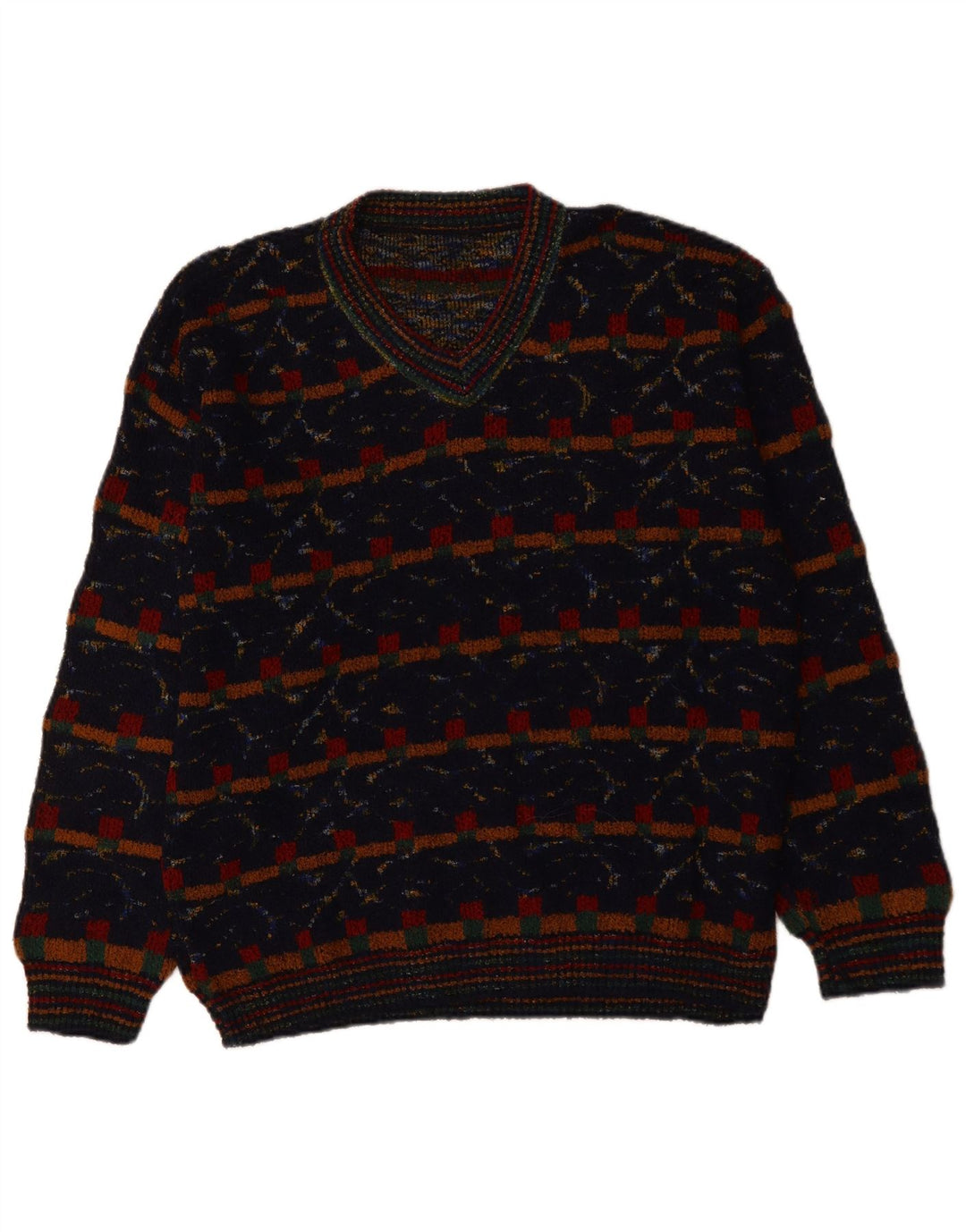 VINTAGE Homme Col V Pull XL Bleu Marine Géométrique Laine