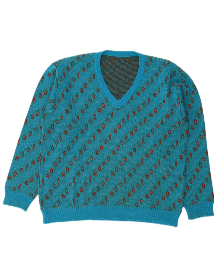 vintage Mens V-Col Jumper Pull Grande Laine Géométrique Bleue