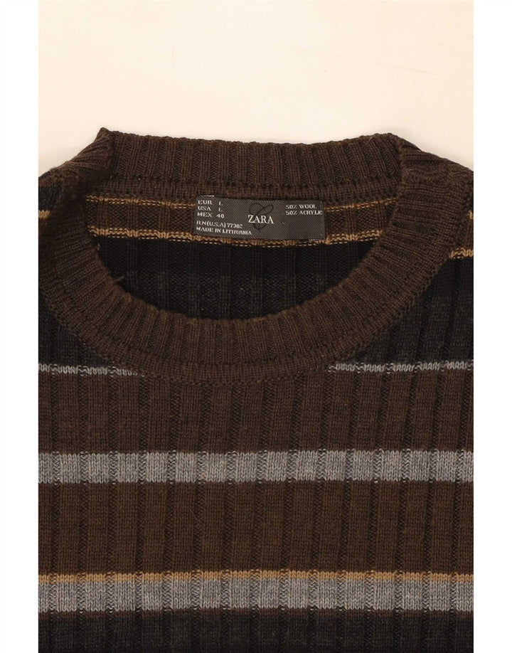 Zara Pull à col rond pour homme en laine rayée marron