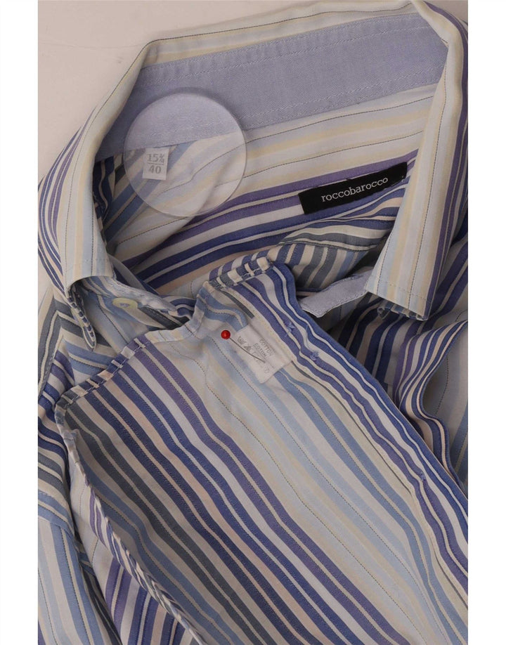 Roccobarocco Chemise Homme Taille 40 15 3/4 Coton Rayé Bleu Moyen