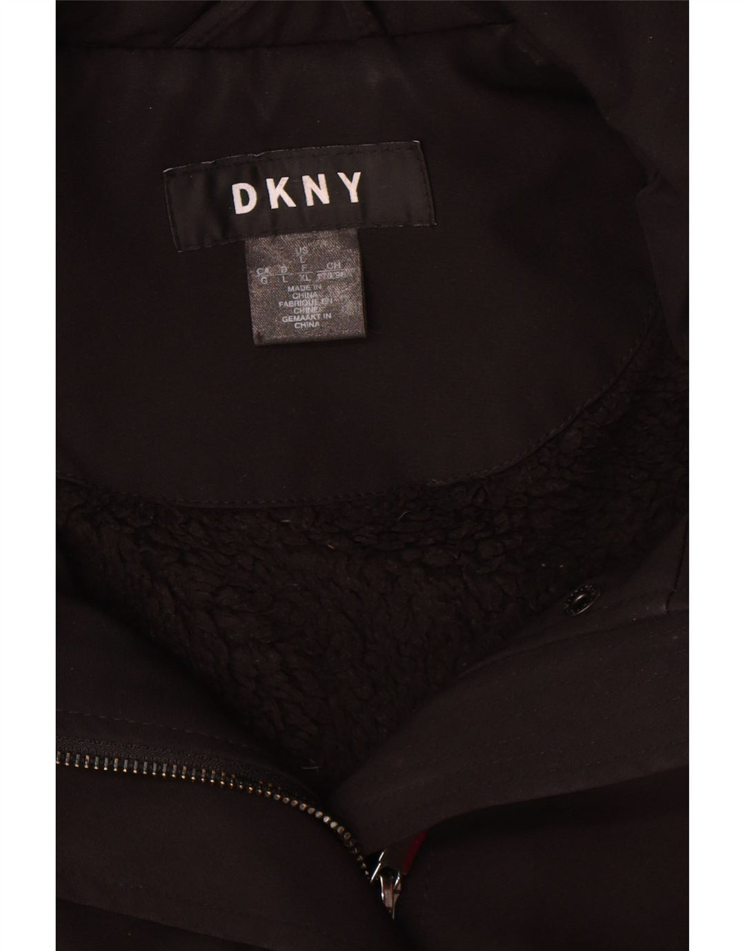 Dkny Manteau Sherpa à capuche pour femme UK 16 Large Noir Polyester