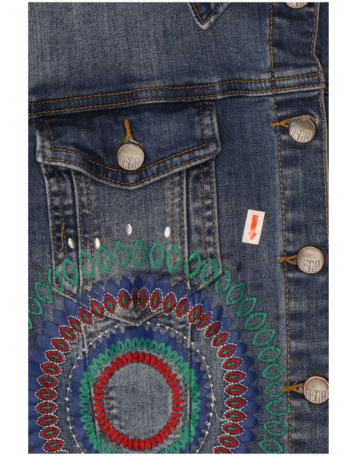 Desigual Femmes Graphic Crop Denim Jacket EU 42 Large Bleu Polyester