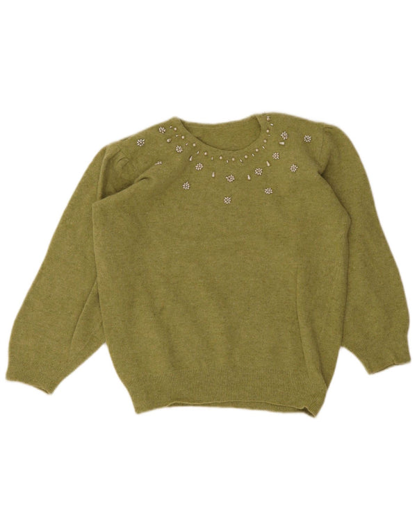 vintage Womens Crop Crew Neck Jumper Pull UK 14 Vert Moyen