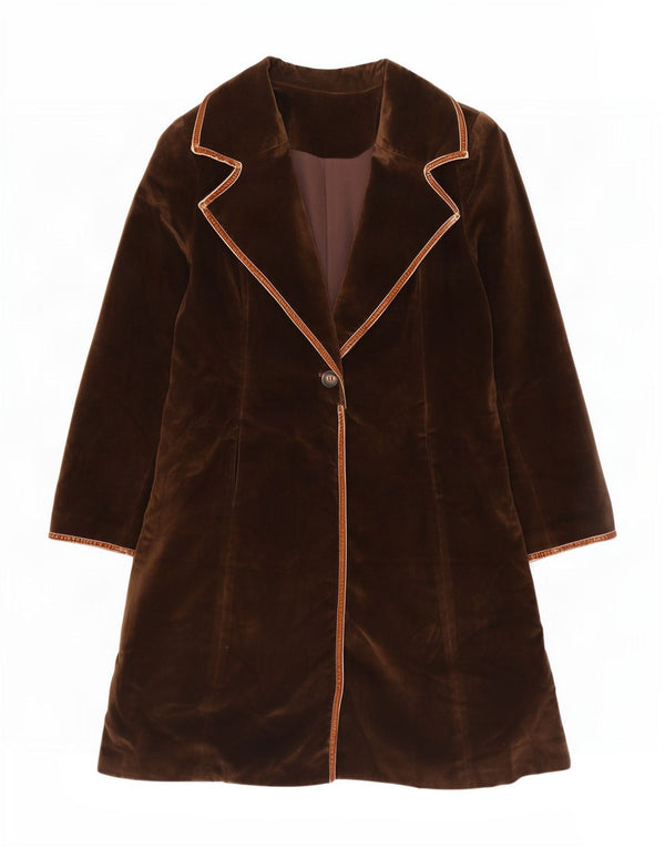 vintage Womens Velvet Overcoat UK 12 Polyester Brun Moyen