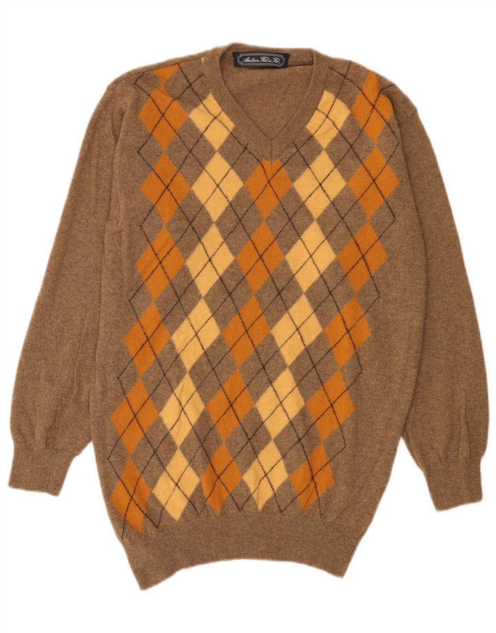 vintage Homme Col V Pull Pull XL Marron Argyle/Diamond Laine