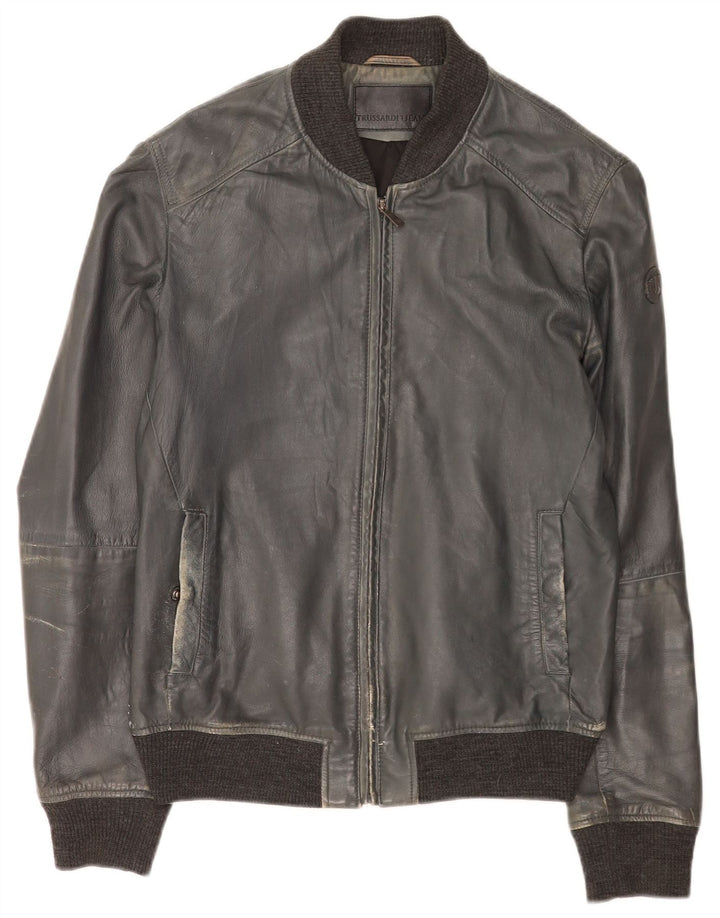Trussardi Jeans Blouson En Cuir Bomber Femme IT 50 XL Bleu Marine