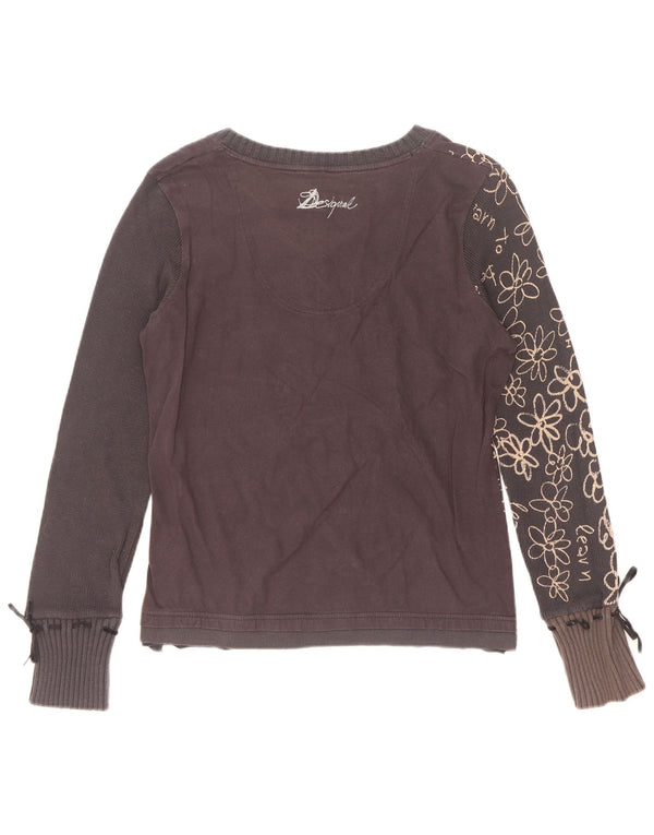Desigual Femme Graphique Top Manches Longues UK 18 XL Noir Floral Coton Coeur