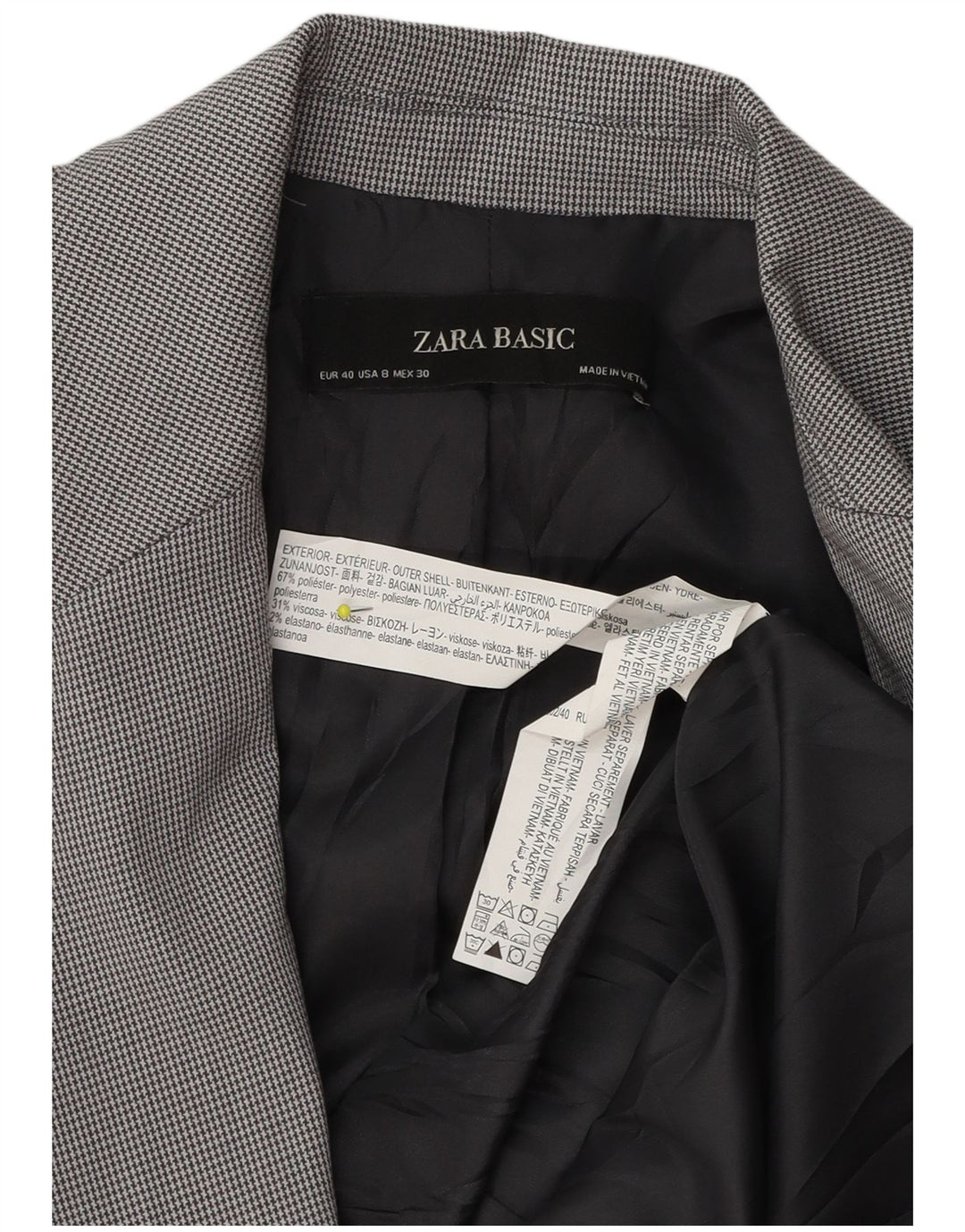 Zara Veste Blazer 1 Bouton Femme EU 40 Gris Moyen Pied-de-Poule Polyester