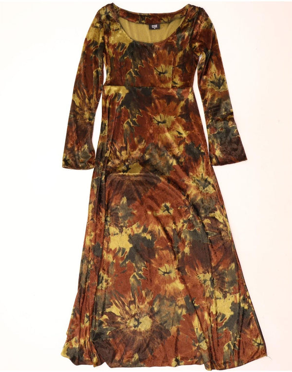 vintage Femmes Manches Longues Velours Maxi Robe UK 12 Medium Brown Tie Dye