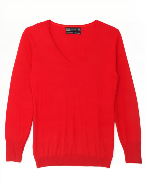 Zara Pull col V pour femme UK 10 Petite soie rouge