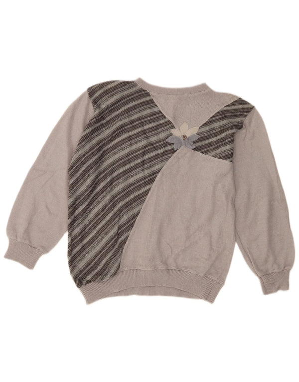vintage Womens Crew Neck Jumper Sweater UK 14 Acrylique rayé gris moyen