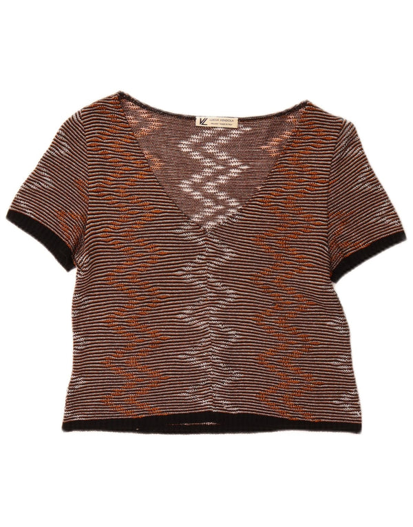 vintage Femmes Crop Blouse Top UK 10 Petites Rayures Brunes
