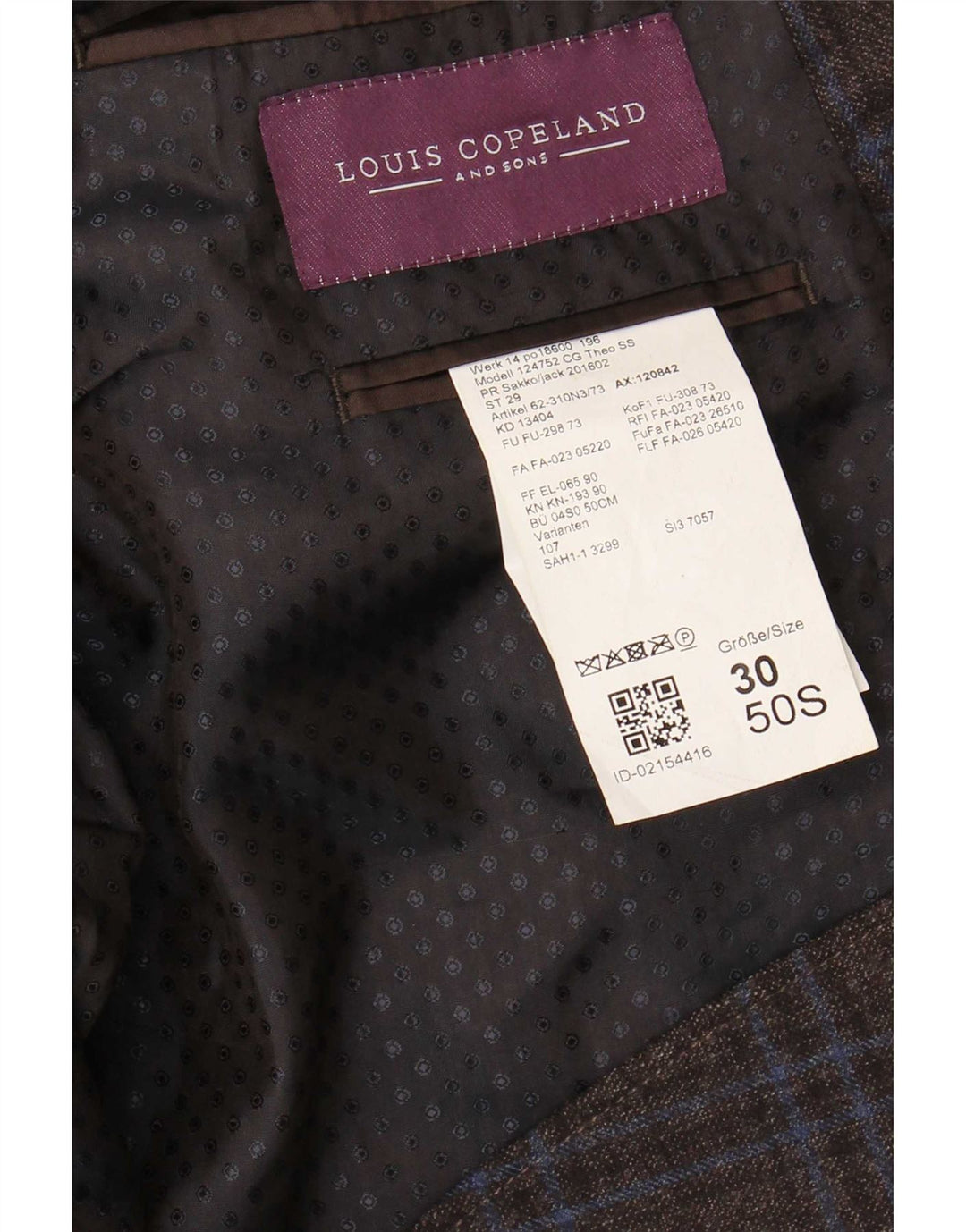 Louis Copeland Veste Blazer 2 Boutons Homme EU 50 Grand Carreau Marron