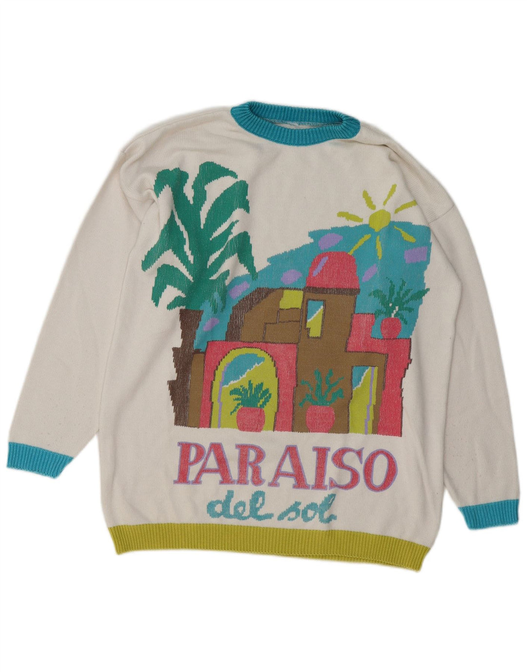 VINTAGE Pull ras du cou pour femme UK 16 Grand colorblock blanc