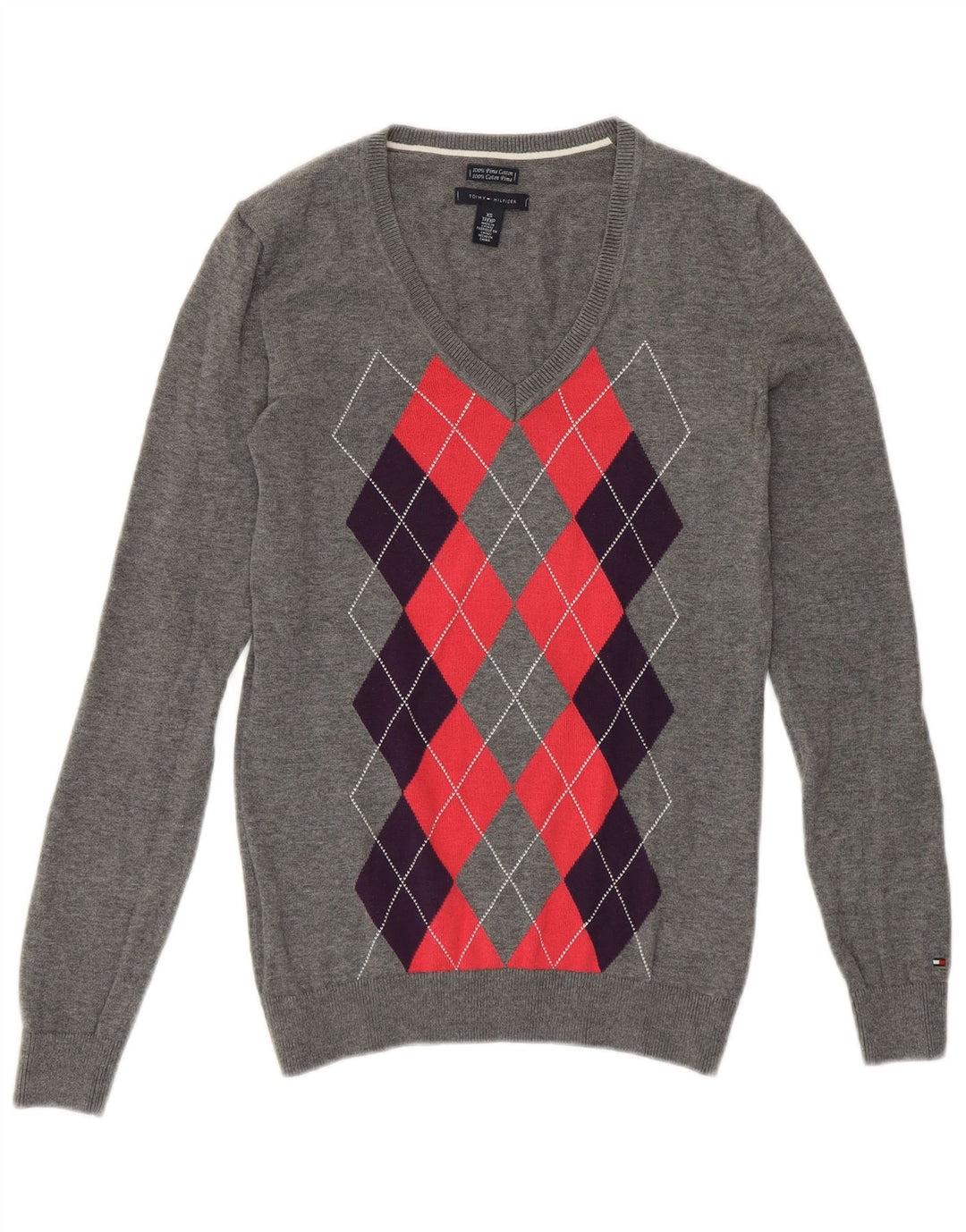 TOMMY HILFIGER Pull col en V pour femme UK 6 XS Gris Argyle/Diamant