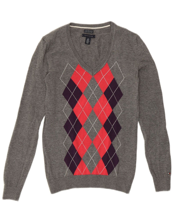TOMMY HILFIGER Pull col en V pour femme UK 6 XS Gris Argyle/Diamant